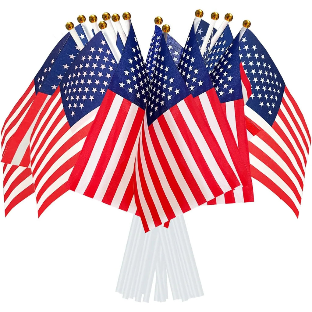 10pc USA Stick Flag, American US 14x21cm HandHeld Mini Flag ensign 30cm Pole United States Hand Held Stick Flags banner In Stock