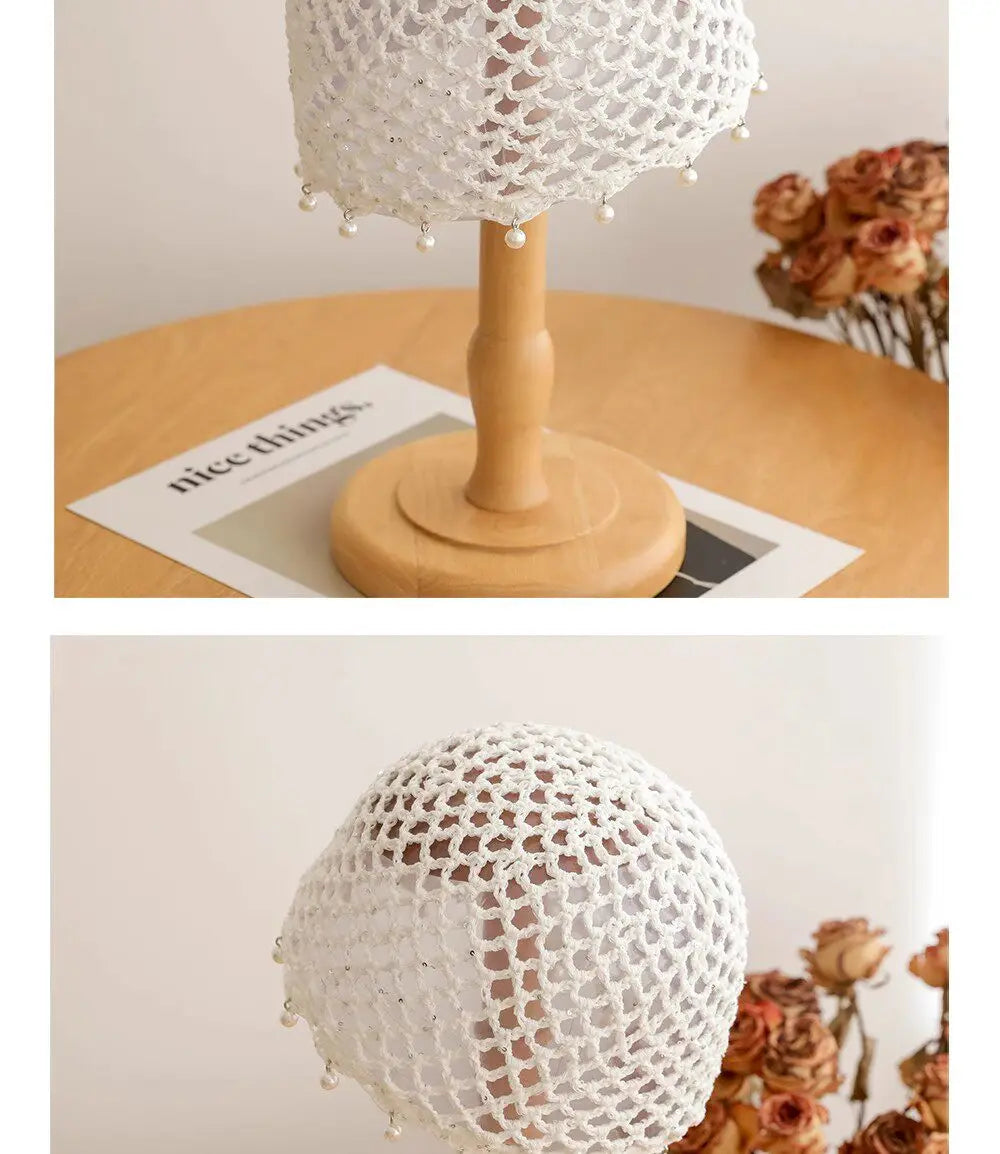 Fashion Hollowed Out Woven Pullover Hats Crochet Breathable Beret Cap Pearl Fringed Retro Beanies Cap for Women Summer Korean
