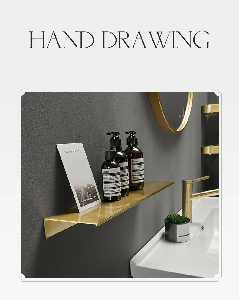 Brushed Gold Metal Bathroom Shelf Wall Storage Rack Washstand Drilling Large Wall Shelf for Storage 30/40/50cm Length Holder