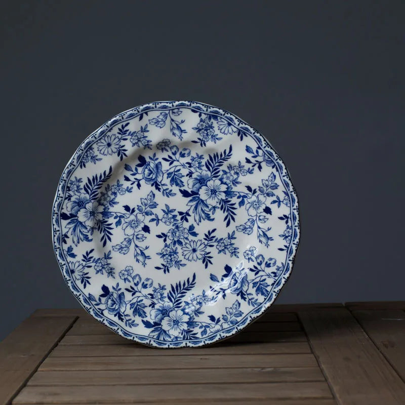European Ceramic Dinner Plate Set Blue and White Porcelain Decorative Breakfast Plates Retro Hand Painted Restaurant Steak Dish