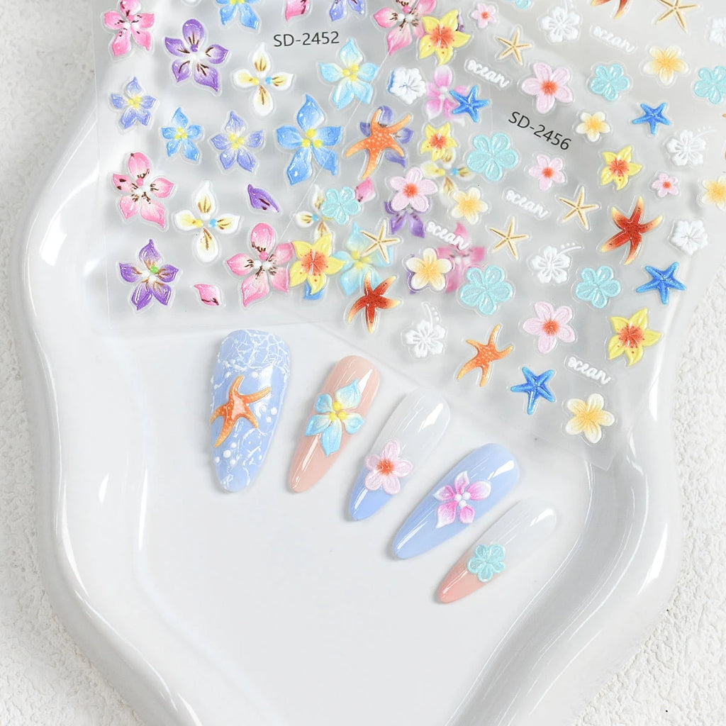3 to 120 Sheets Tropical Flower Nail Stickers Hibiscus Butterfly Starfish Nail Decals 5D Embossed Self Adhesive Summer Nail Art