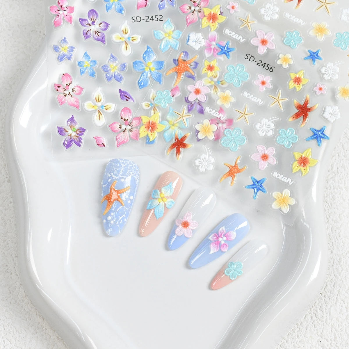 3 to 120 Sheets Tropical Flower Nail Stickers Hibiscus Butterfly Starfish Nail Decals 5D Embossed Self Adhesive Summer Nail Art