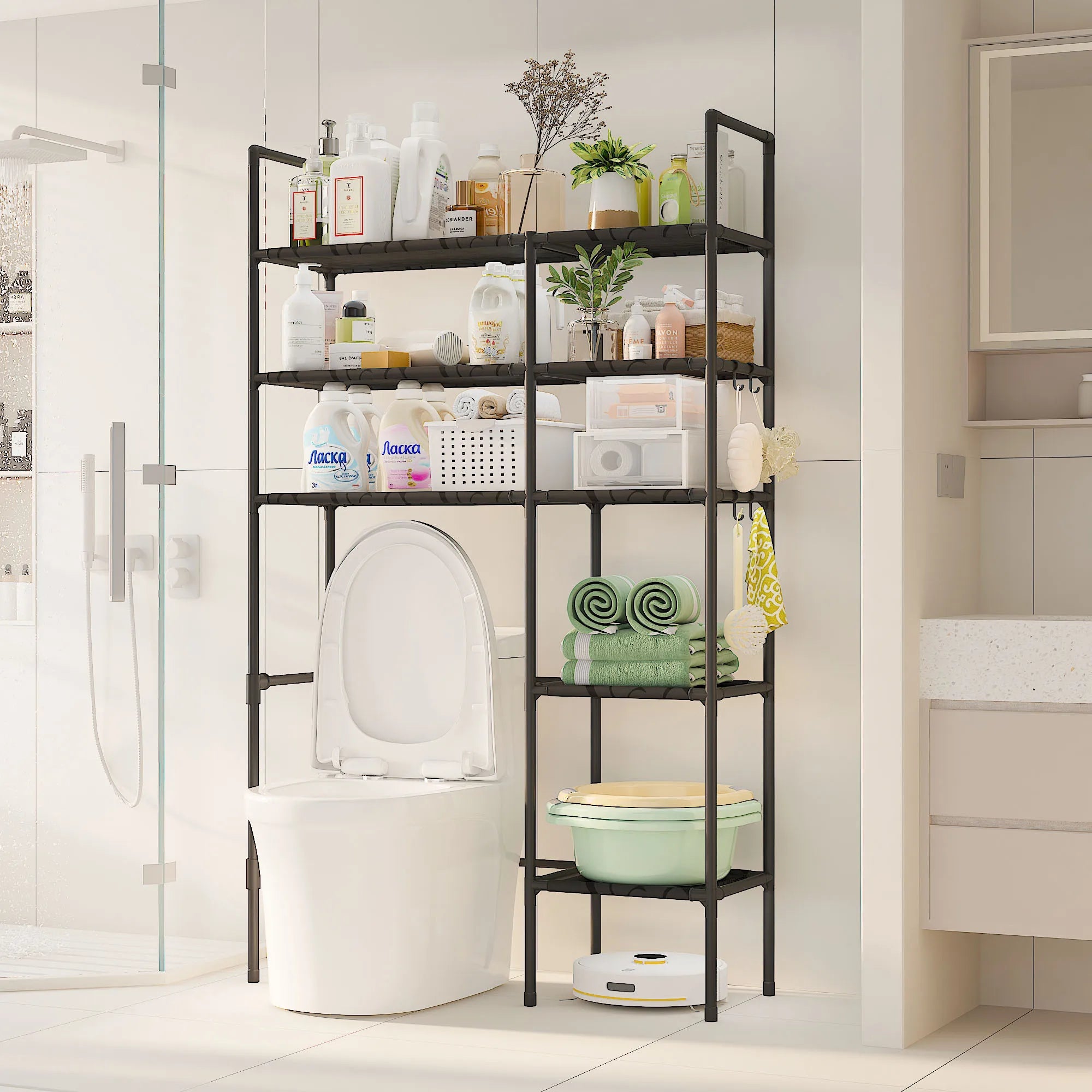 2/3 Tier Bathroom Storage Cabinet - Space-Saving, Over-The-Toilet Storage Shelf, Easy to Assemble, Suitable for Bathroom Essentials with Rust-Proof Metal Frame and Plastic Dividers, Ideal for Storing Toiletries, Towels, and D