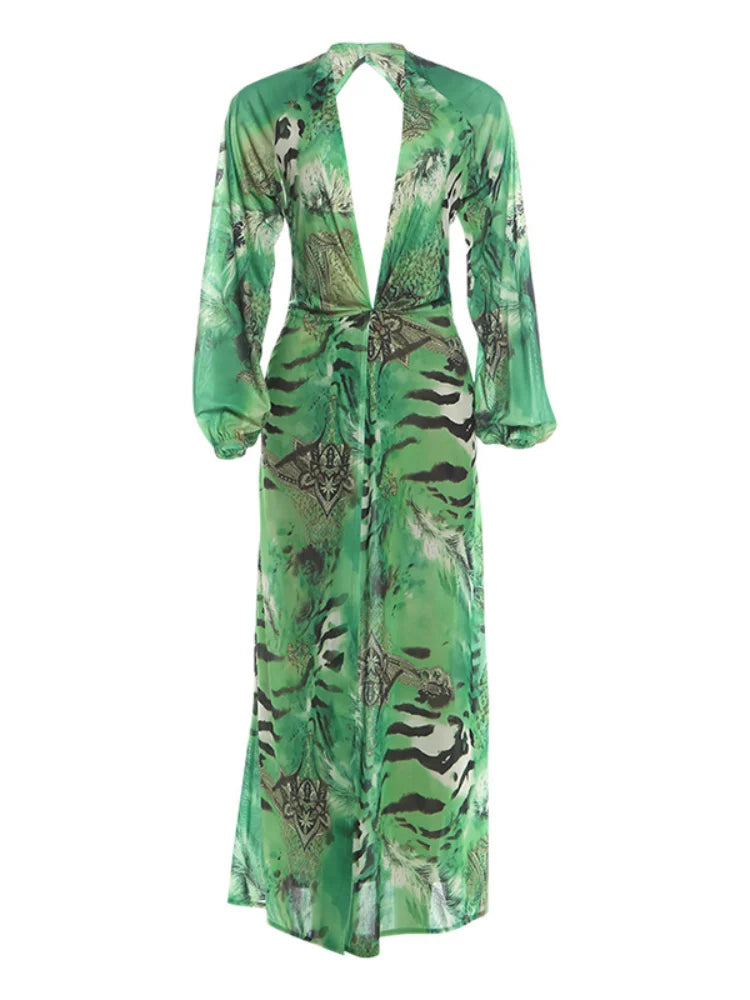 Animal Print Wrap Maxi Dress V Neck Sleeve Twist Waist High Slit Long Gowns Women's Resort Vacation Party Robes 2026 New Arrival