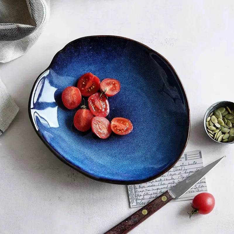 Nordic Style Blue Kiln Turned Ceramic Food Plate Steak Pasta Western Cuisine Plate Kitchen Utensils Dining Table Decoration