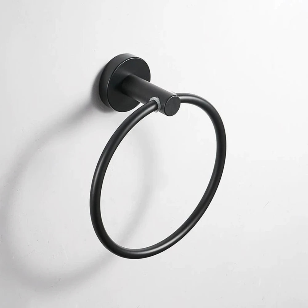 Black/Brushed Gold Stainless Steel Towel Ring Wall Hanging Round Towel Holder with Drill Hole Bathroom Storage Rack Accessory