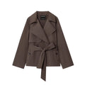 Women Lapel Lace Up Short Trench Coat Casual Full Sleeve Double Breasted Loose Cropped Windbreakers 2026 New Lady Commute Coats