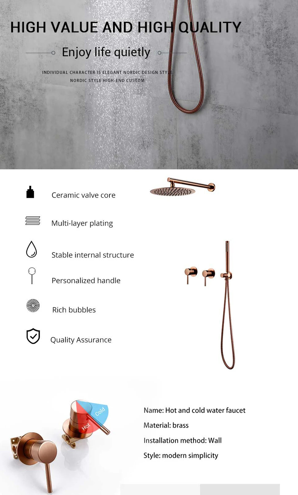 Wall Mounted Bathroom Shower Rainfall Shower Set Rose Gold Mixer Brass Faucet Hot Cold Water Mixer Tap With Head 8/10/12 Inch