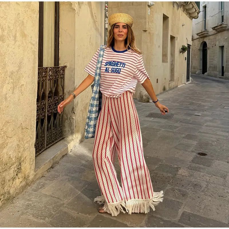 Halter Vertical Striped Fringe Two Piece Set Sleeveless Tank Top Loose Wide Leg Pants Women 2026 Summer Holiday Beach Chic Suit