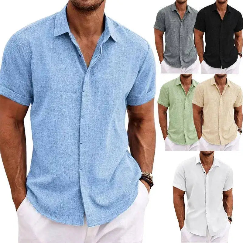 Men's Casual Beach Lightweight Linen Sve Shirt Color Standard Fit Short Sleeve Cleanfit PU Leather Inner Wear Pure Color