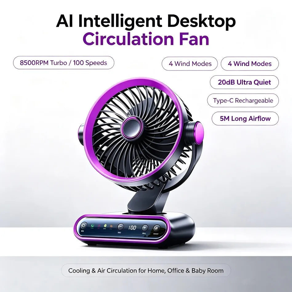 Air Circulation AI Fan Desktop Portable Rechargeable Fan Smart 100 Speed Stepless Quiet Brushless Motor Type-C Baby Sleep Wind