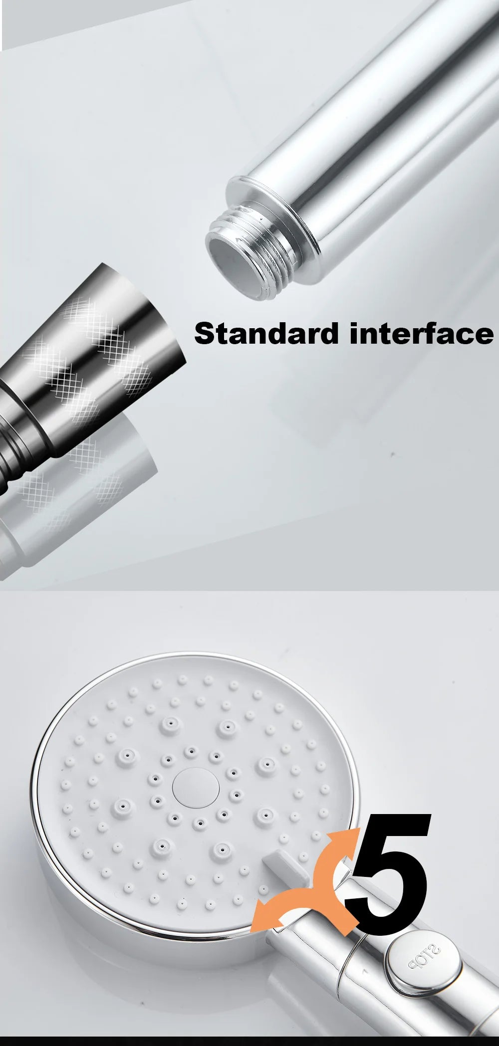 ZhangJi 2025 New 5-Function Shower head with Stop button 10cm Big Panel Silicone gel Hole Easy Cleaning Bathroom Nozzle Sprayer