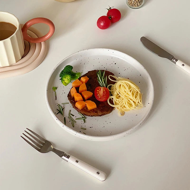 Retro Style White Ink-splashed Ceramic Bowl and Plate Western Food Steak Fruit Dessert Tray Salad Bowl Tableware Main Dish Plate