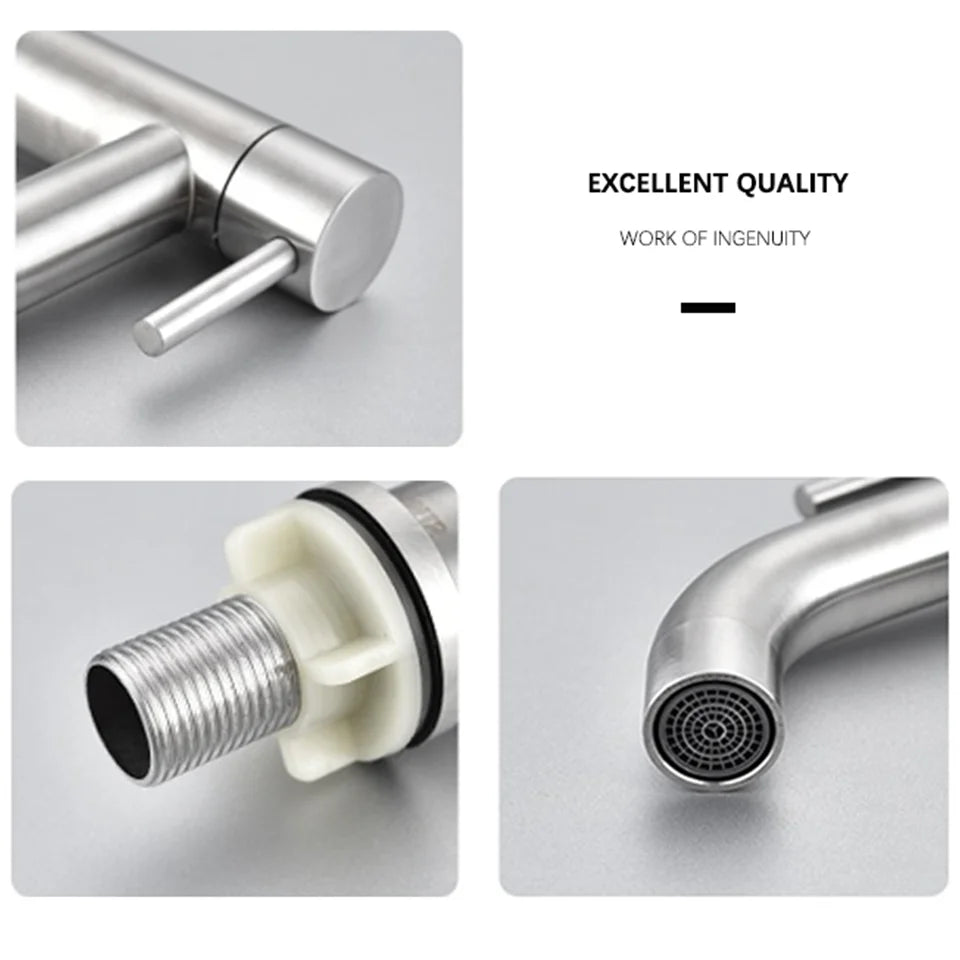 A stainless steel washbasin faucet. Single cold water, 1/2 inch public bathroom. Bathroom balcony