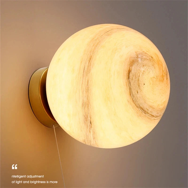 Modern Astronaut Wall Lamp Natural Alabaster Planet LED Sconce Kids Bedroom Astronaut Nursery Decor