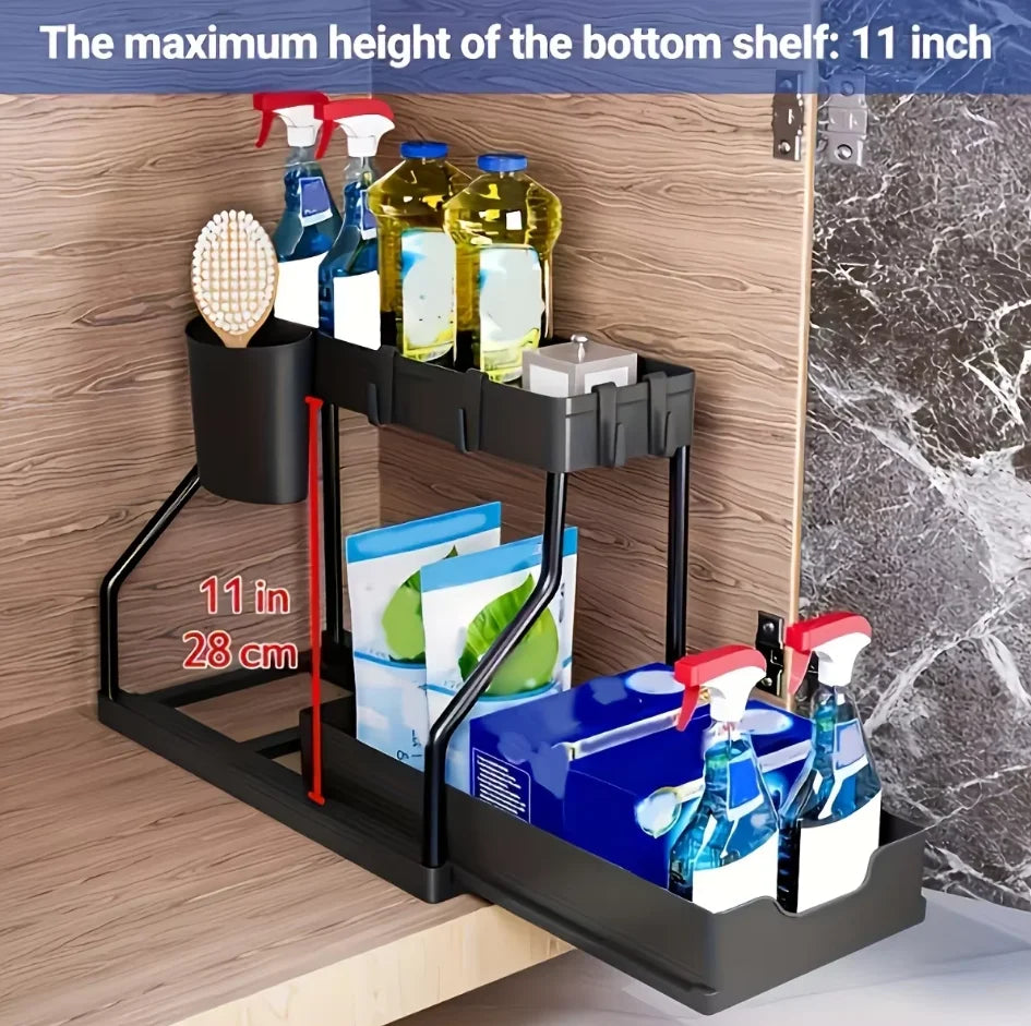 Under Sink Organizer Space Saving 2 Tier Pull Out Storage Box Durable Large Capacity Kitchen Bathroom Essential Drawer Organizer