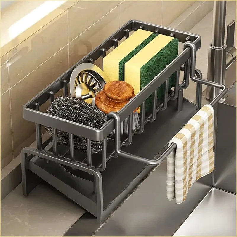 Stainless Steel Kitchen Sink Organizer | Sponge & Soap Storage | Faucet Holder & Towel Rack | Drain Rack with Shelf | Kitchen Ac