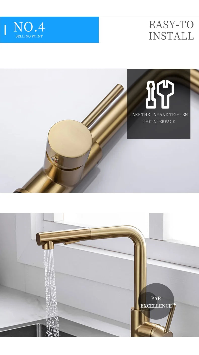 Stainless Steel Kitchen Sink Faucet Pull Out Sprayer Hot Cold Water Mixer Tap Deck Mounted Single Hole Modern Kitchen Tap
