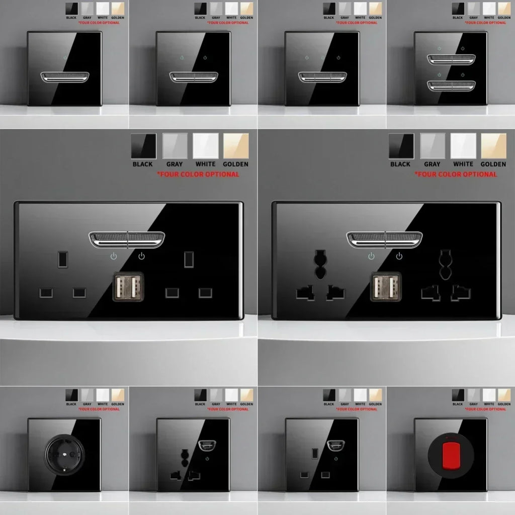 Black Tempered Glass Wall Switch Panel Led European 16a Socket Retro Toggle Light Switch Eu Uk Standard 1Gang-4gang 2usb Socket