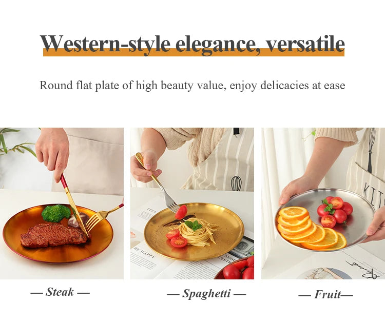Stainless Steel Dinner Plates European Style Dessert Plate Kitchen Serving Dishes Salad Plate Cake Tray Western Steak Round Tray