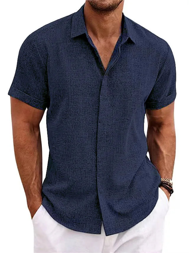 Men's Casual Beach Lightweight Linen Sve Shirt Color Standard Fit Short Sleeve Cleanfit PU Leather Inner Wear Pure Color