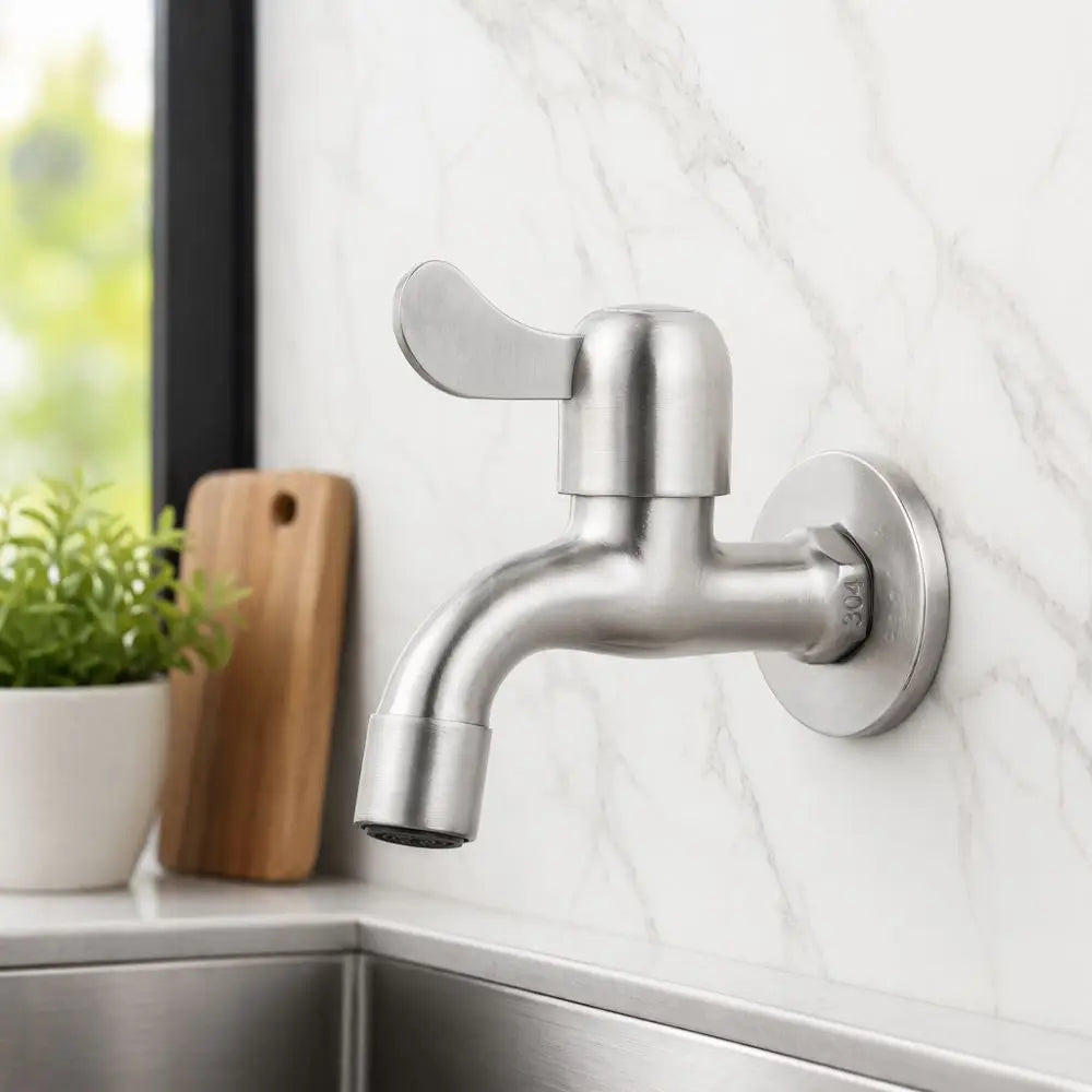 304 Stainless Steel Faucet G1/2 Inch Thread Single Lever Faucet Tap with Bubbler and Valve Wall Mounted Water Tap Garden