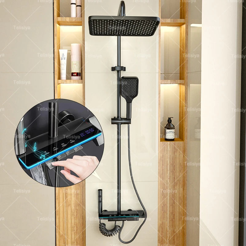 Gun Grey Bathroom Shower Set Digital Display FourFunction Shower System Rainfall Pressurized Piano Key Shower Faucet Set