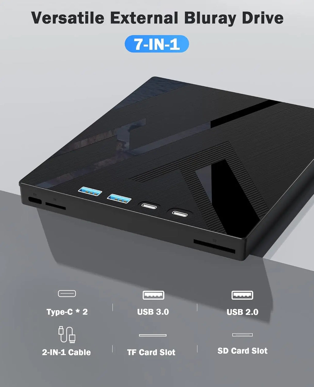 7 in 1 External Bluray Optical Drive for Laptop PC USB 3.0 Type-C BD DVD CD-RW Player Portable Burner with SD/TF Card Slot