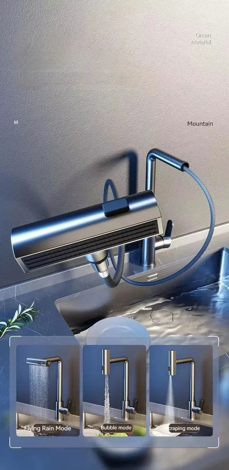 Kitchen Pull-out Flying Rain Waterfall Faucet Hot and Cold Faucet 304 Stainless Steel Single Hole Kitchen Faucet Bathroom