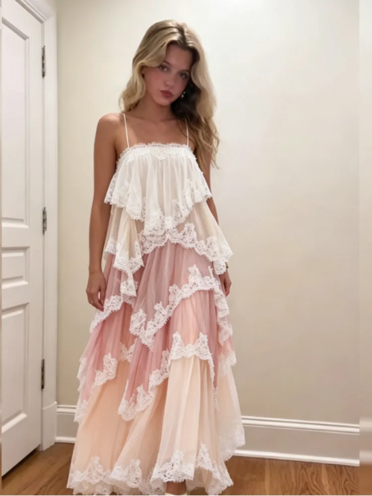 Romantic White Pink Tiered Lace Maxi Dress Spaghetti Straps Cross Back Tie Closure Flowy Skirt Women Date Party Vacation Outfit