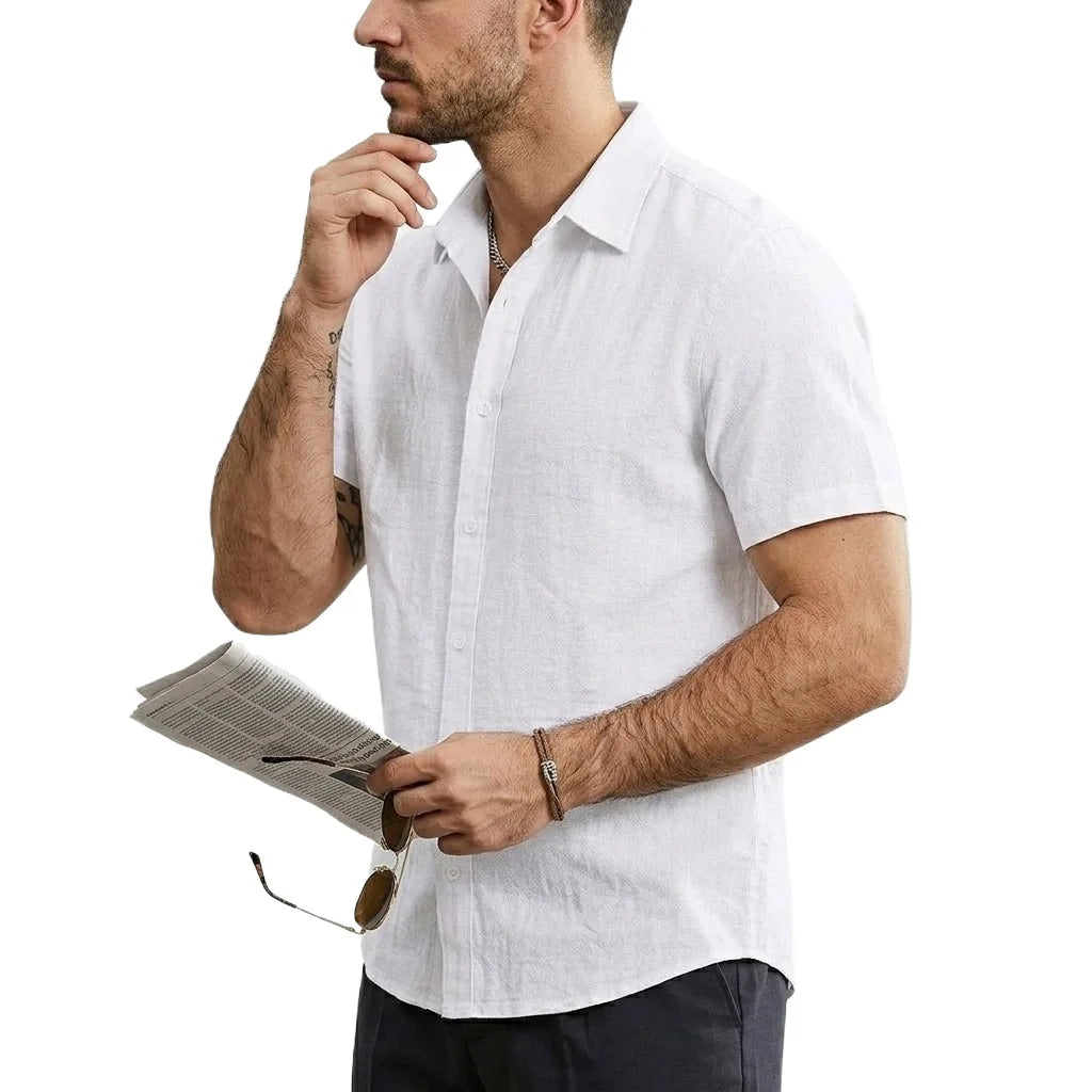 Summer Cotton Linen Shirts Men Short Sleeve T-Shirts Solid Color Button Tshirts Casual Beach Plus Size Hawaiian Shirt Thin Tops