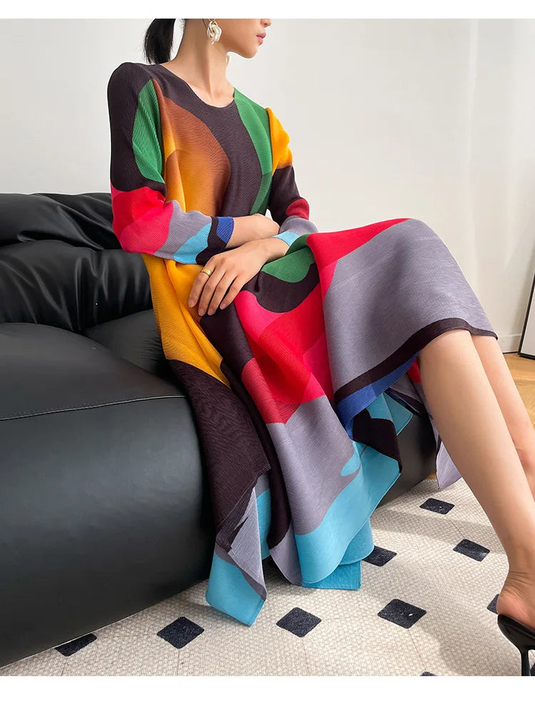 Miyake Pleated Print Dress 2024 New Early Spring Fashion Elegant A-line Swing Dress Elegant Women's Clothing High-quality