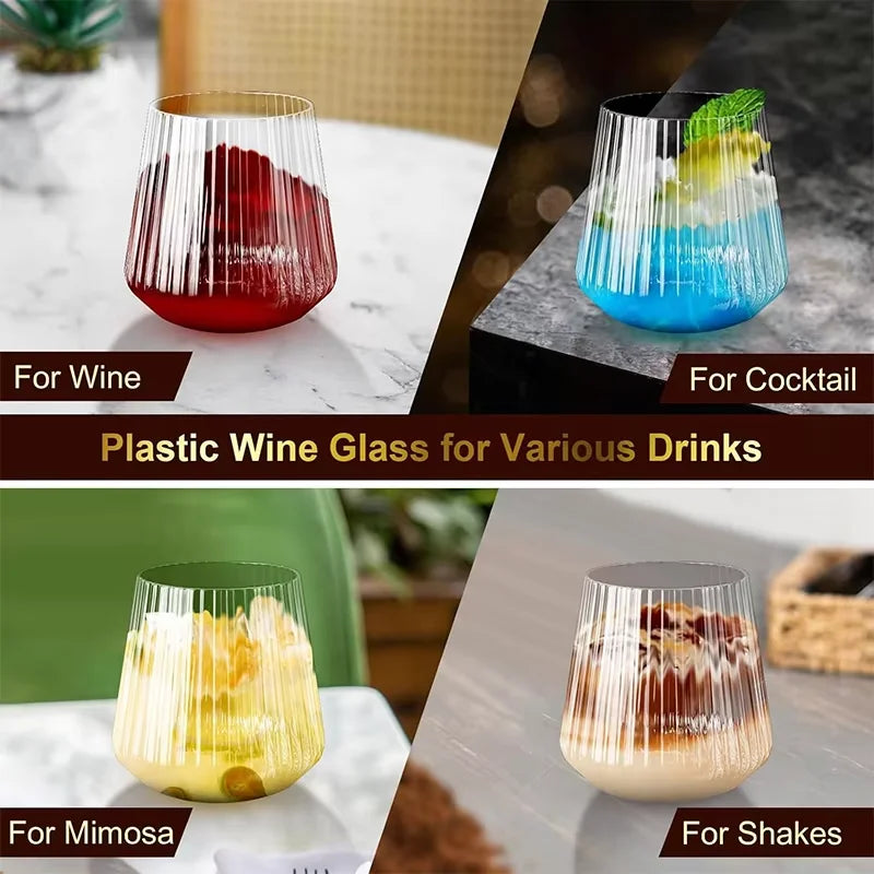 24 Pack Plastic Ribbed Wine Glasses 14Oz Origami Disposable Wine Glasses Unbreakable Clear Plastic Cocktail Glasses  Wine Cups