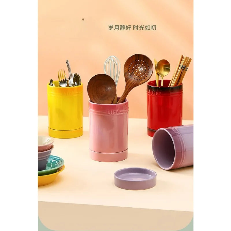 Porcelain Kitchen Utensil Holder for Countertop,Ceramic Storage Organizer for Knives Spoons and Forks,Cooking Tools Container