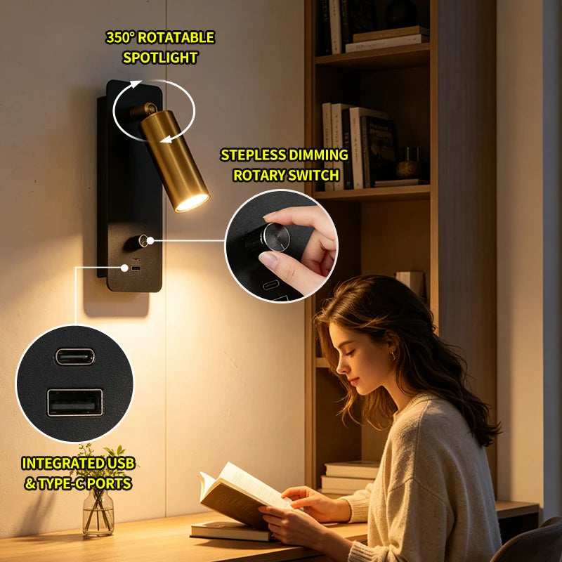 Wall Light 3000K Warm Light Knob Switch with USB Phone Charging, Bedroom Bedside Lamp, Wall Light Can Rotate 350°