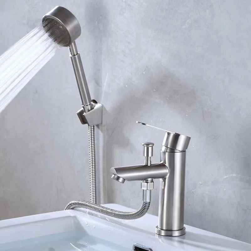 Bathroom Basin Faucet Stainless Steel Single Handle Sink Faucets Cold and Hot Water Mixer Bathtub Tap with Shower Set