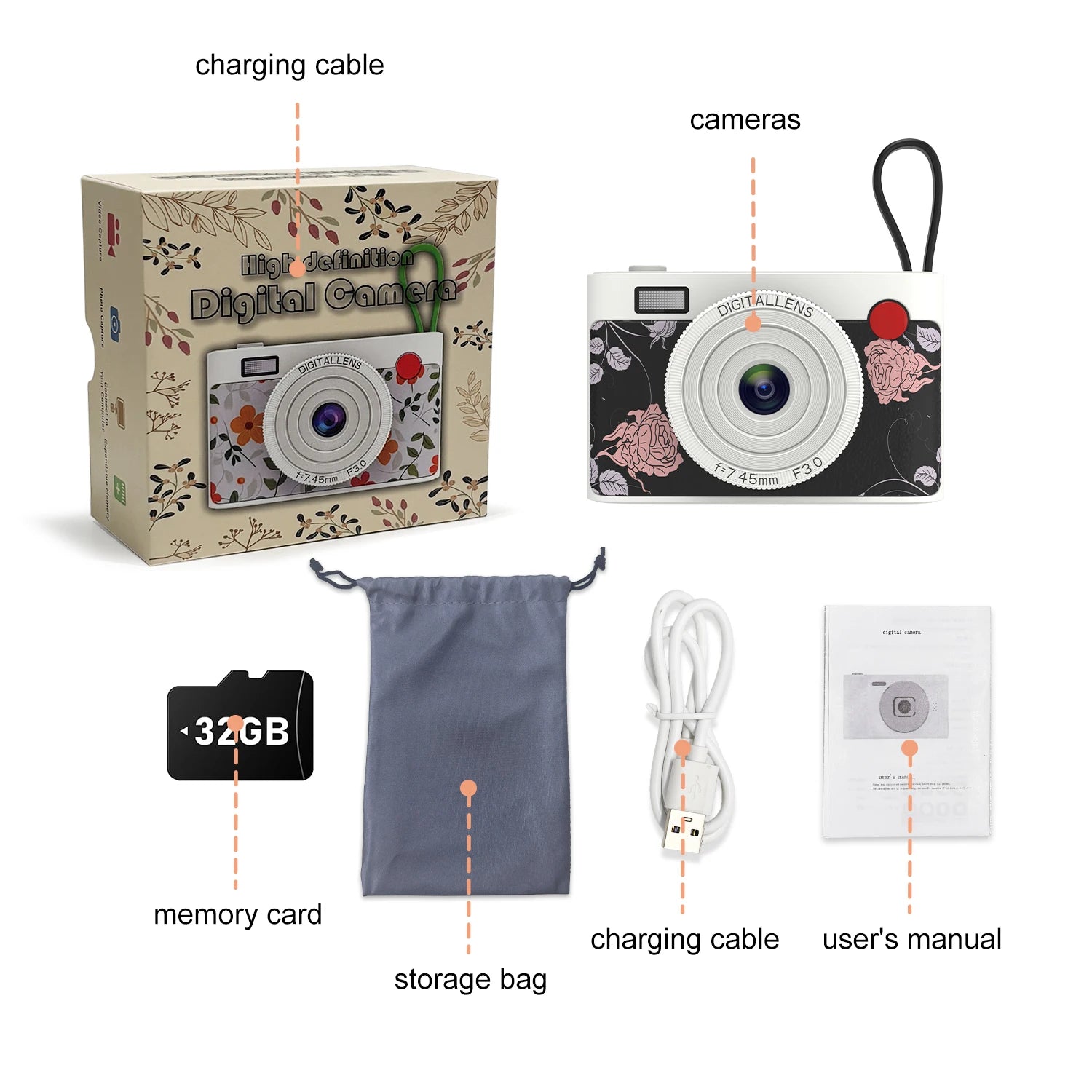 Kids HD Digital Camera 1080P  Compact Camera with 2.4 Inch Screen Built-in Battery Rechargeable Camera for School Gift
