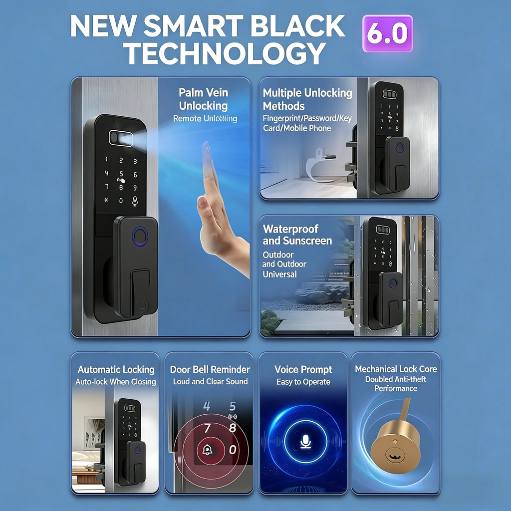Outdoor Waterproof 3D Face Recognition Palm Scan Fingerprint Gate Lock Tuya Wifi App Password Digital Rechargeable Smart Lock