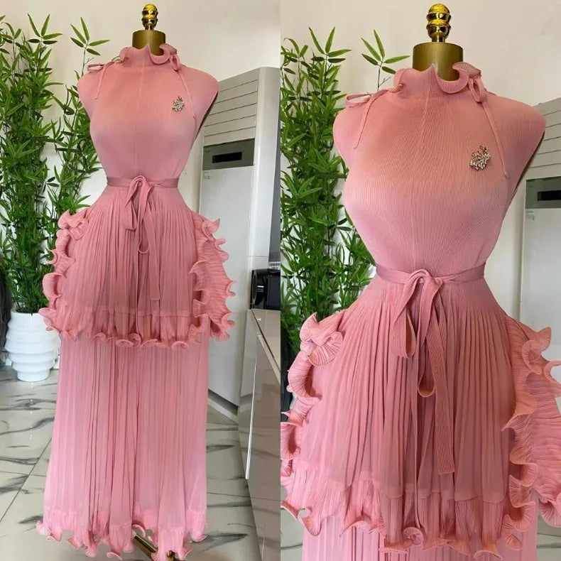 EGRM 2025 Summer New Pleated Dress Women's Solid Sleeveless Ruffles Lace Bottom Skirt with Belt Fashion Female Dresses 9R5618