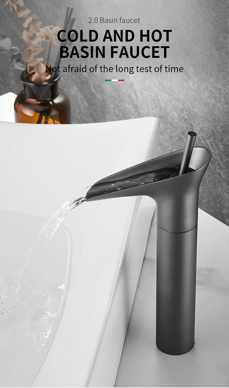 Bathroom Basin Faucet Sink Mixer Gun Grey Color Hot Cold Water Mixer Deak Mounted Waterfall Style Copper Sink Taps FR651