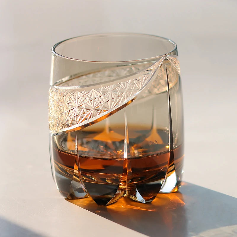 Edo Kiriko Fashioned Whiskey Glasses 360ml Amber Grey with Gift Box New Design New Arrival
