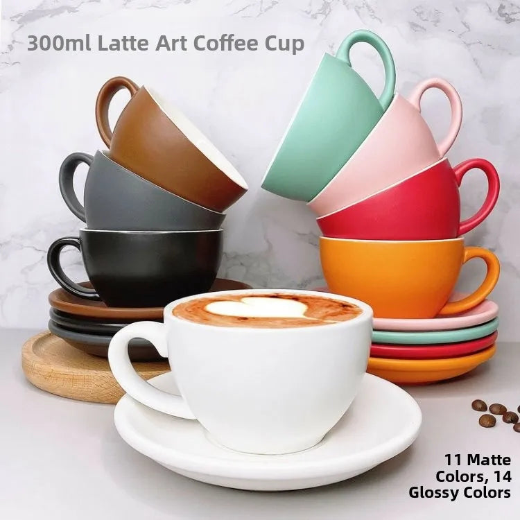 European Style Matte Latte Cup Ceramic Cappuccino Cup Large Mouth Coffee Cup Plate Set Handmade Craftsmanship 300ml