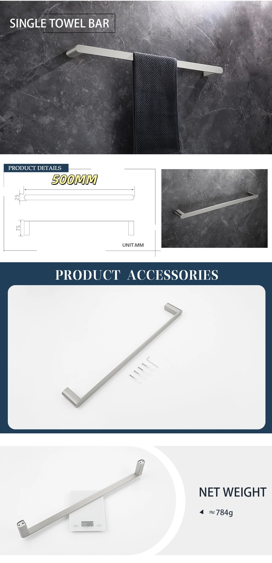 Bathroom Hardware Set Stainless Steel Bathroom Accessories Set Wall Mounted Towel Bar Towel Ring Toilet Paper Roll Holder Set