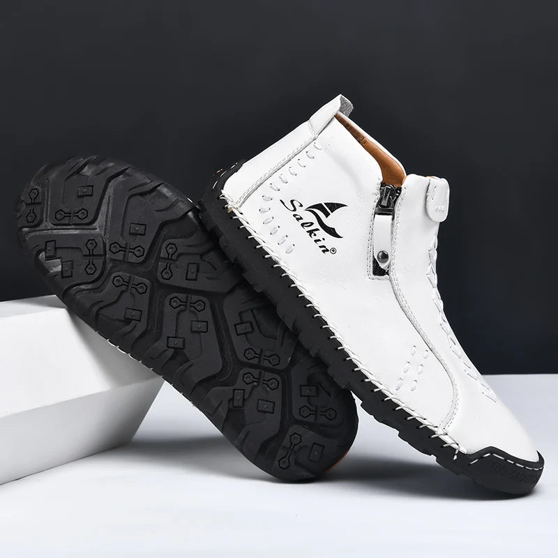 Handmade Leather Casual Shoes For Men Sneakers Men Flat Footwear Zipper Leather Boots Men Ankle Plus Size 39-48