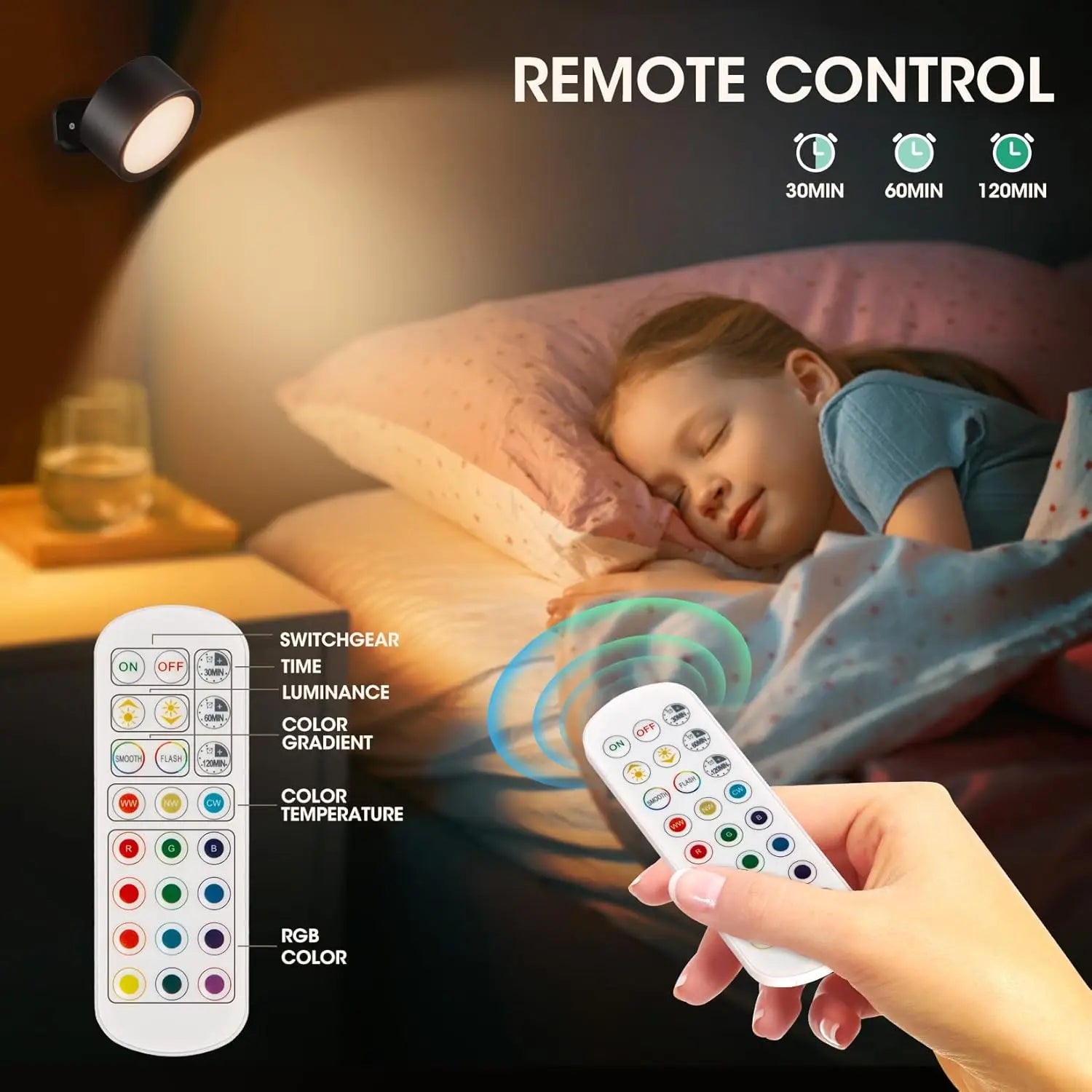 Led Wall Lamp Touch Control 12 Color Modes Remote 360 Rotatable USB Recharge Wireless Portable Night Light For Bedroom Reading