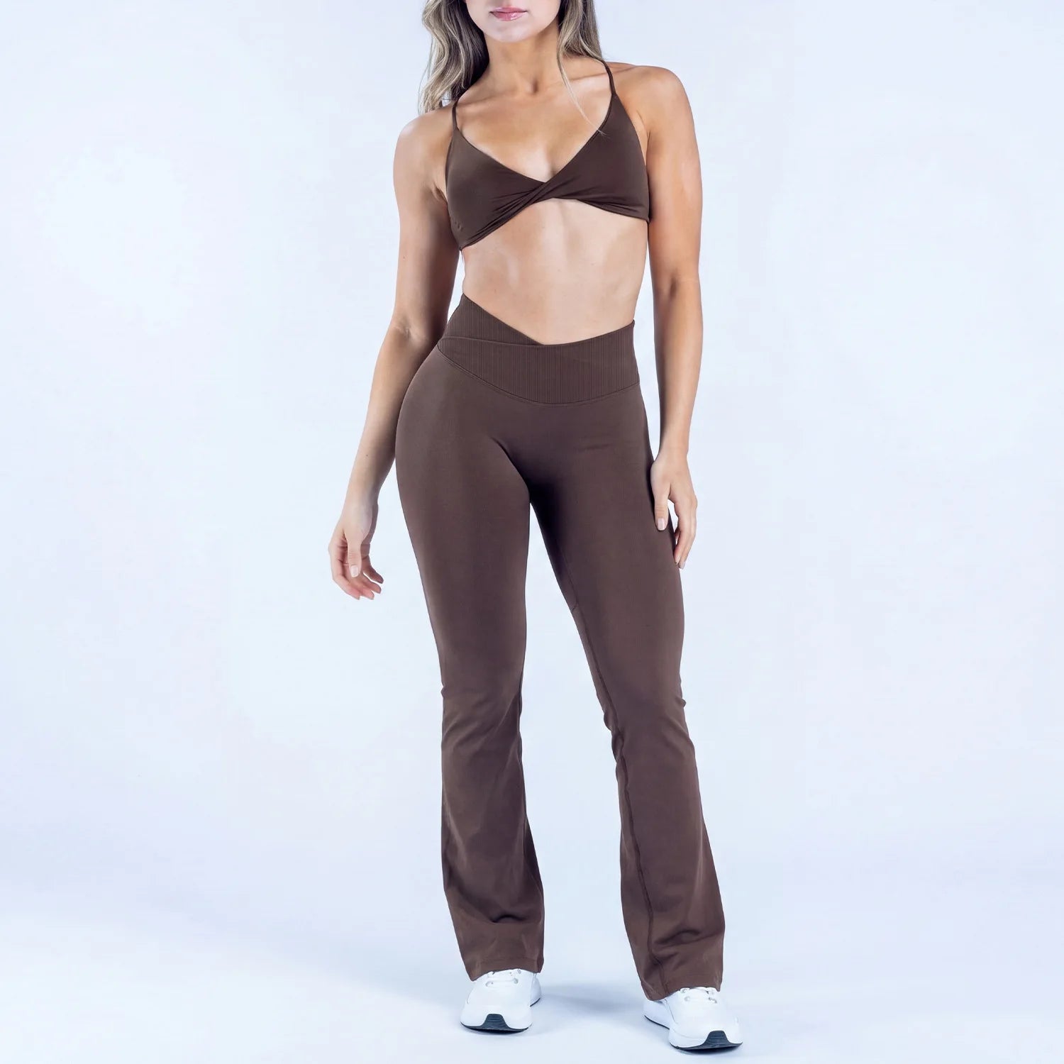 LOG0 Women Yoga Set Twist Front Sports Bra V Waist Flare Pants Seamless Gym Workout Fitness Activewear Sportswear 2 Piece Set
