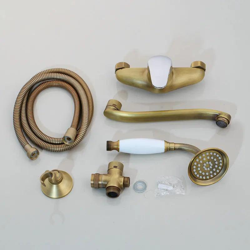 KEMAIDI Antique Brass Wall Mounted Bathroom Bathtub Faucet Mixer Tap With Hand Shower Head Mixer Shower Faucet Set Long Spout