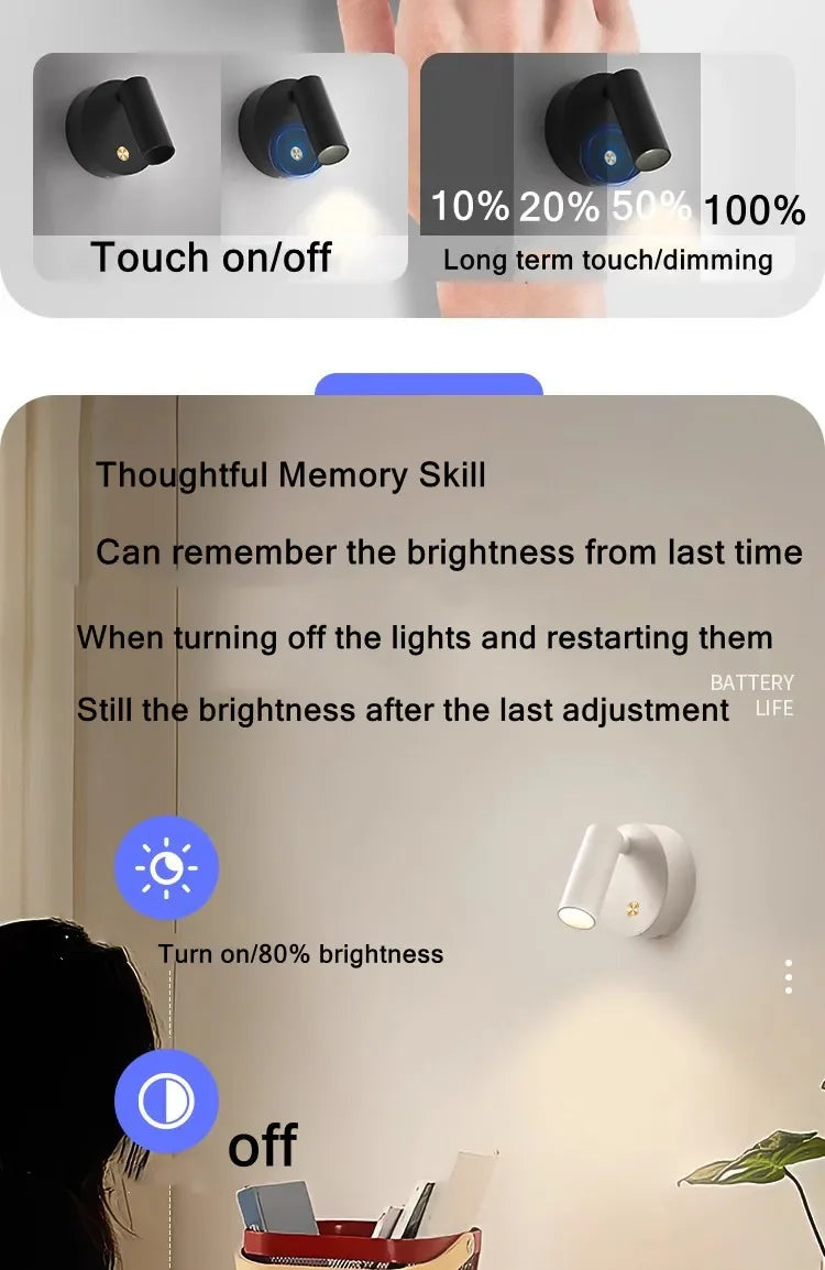 USB Rechargeable with Touch Switch Black Dimmable LED bedroom Wall Light White Magnet Magnetic base for Bedside Study Reading