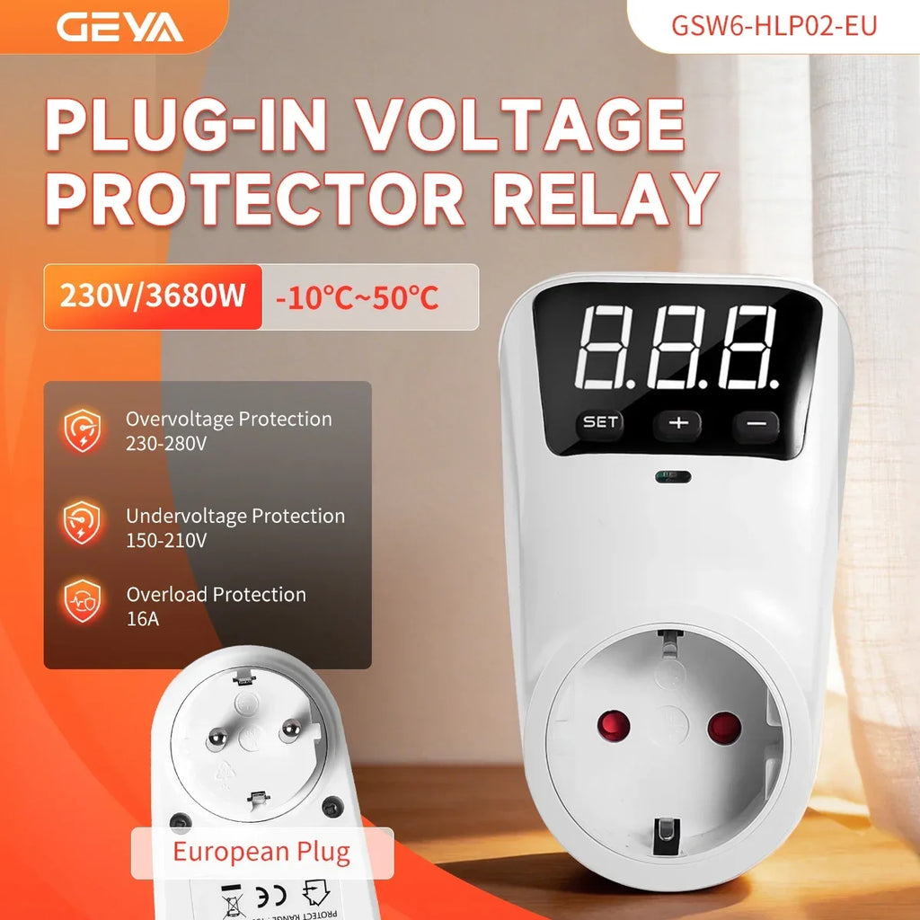 GEYA EU Socket with Voltage Protection Socket Plug AC230V 16A Adjustable Power Surge Protector Automatic Voltage Protector