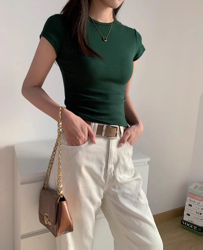 Green Slim Fit Short Sleeve T-Shirt Women's Summer New Style Pure Cotton round Neck Body Shaping Slimming Commute Style Korea...